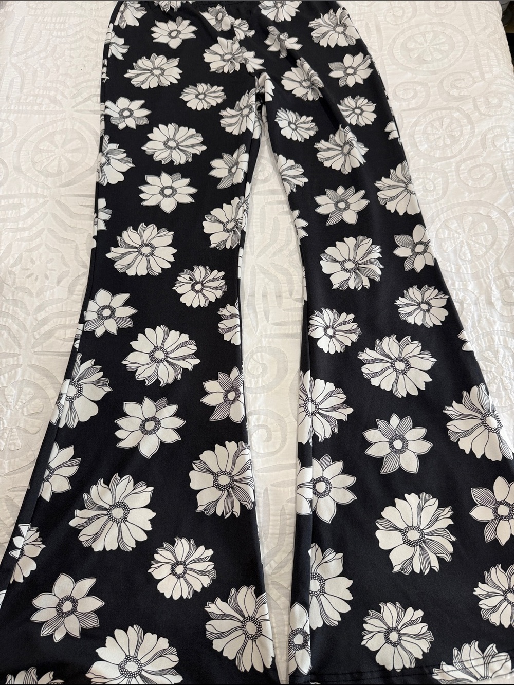 Black Wide-Leg Floral Pants with White Daisy Motif